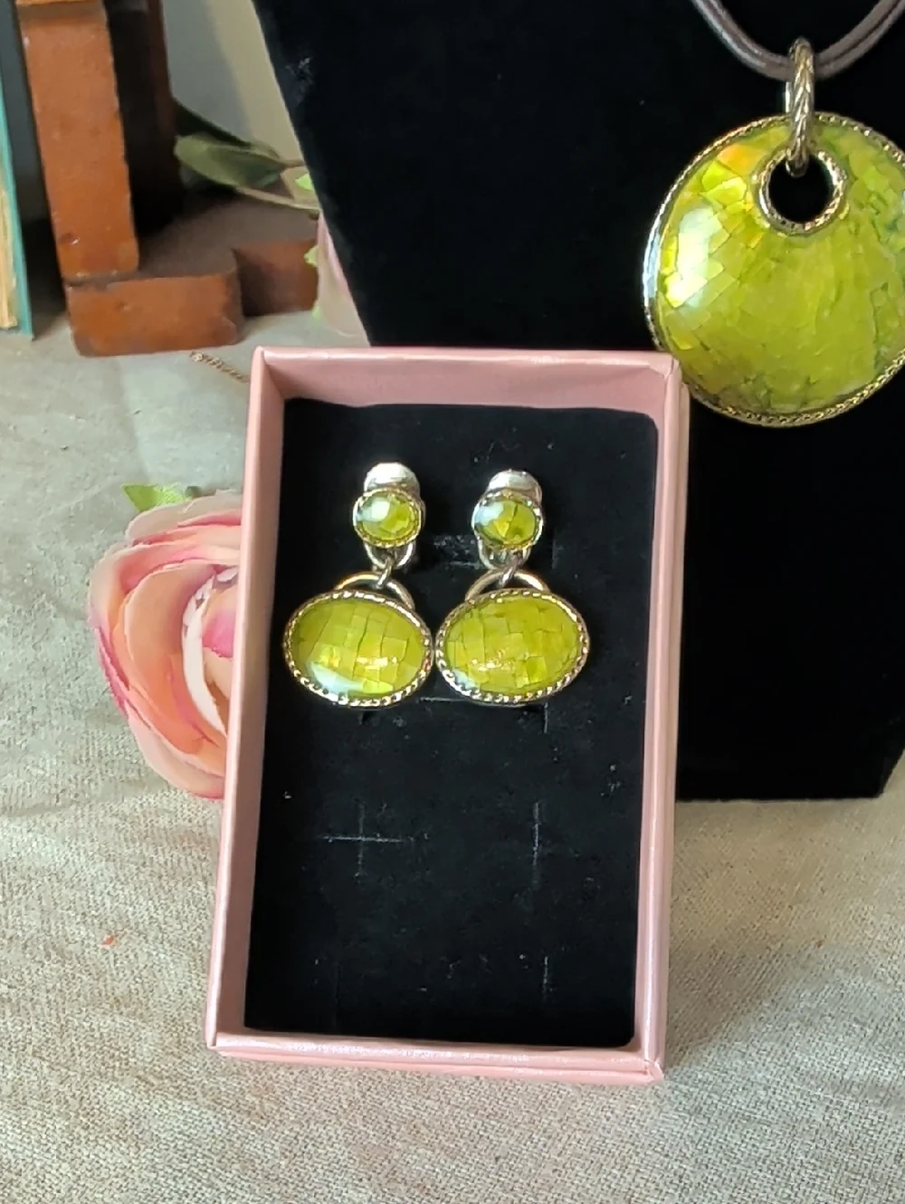 Vintage Monet Shell Mosaic Pendant Necklace & Matching Clip Earrings Set